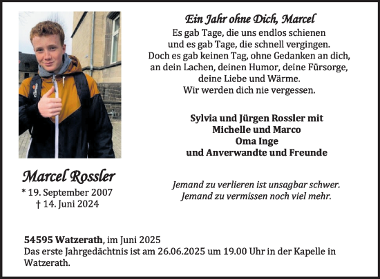 Traueranzeige von Marcel Rossler von WochenSpiegel
