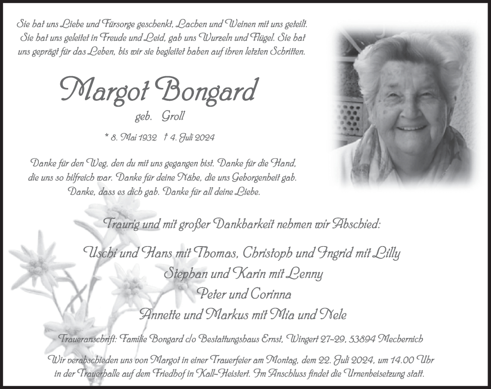  Traueranzeige für Margot Bongard vom 10.07.2024 aus WochenSpiegel