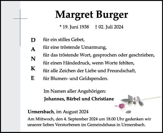 Traueranzeige von Margret Burger von WochenSpiegel