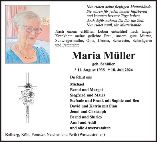 Traueranzeige von Maria Müller von WochenSpiegel