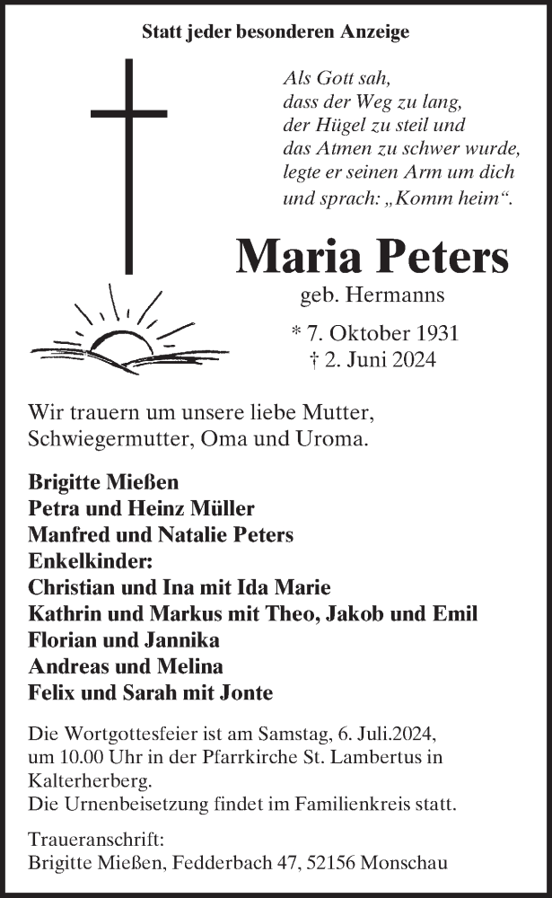  Traueranzeige für Maria Peters vom 26.06.2024 aus WochenSpiegel