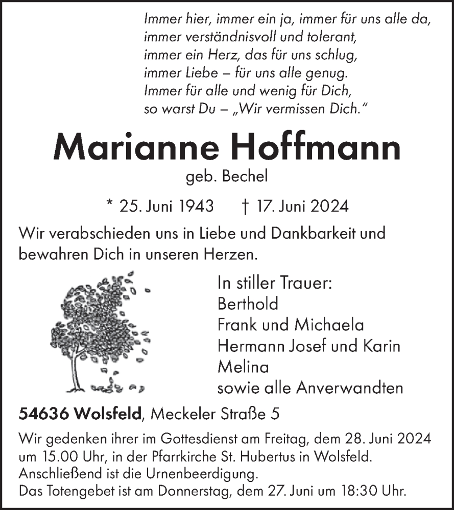  Traueranzeige für Marianne Hoffmann vom 21.06.2024 aus WochenSpiegel