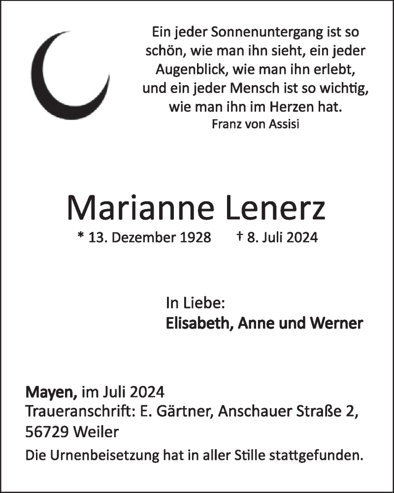  Traueranzeige für Marianne Lenerz vom 24.07.2024 aus WochenSpiegel