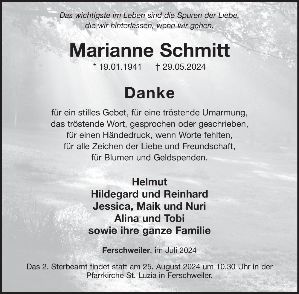  Traueranzeige für Marianne Schmitt vom 26.07.2024 aus WochenSpiegel