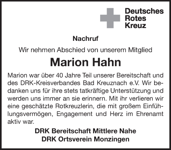 Traueranzeige von Marion Hahn von WochenSpiegel