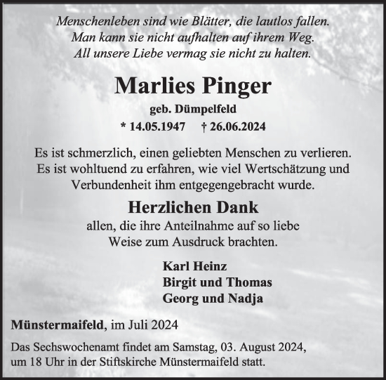 Traueranzeige von Marlies Pinger von WochenSpiegel