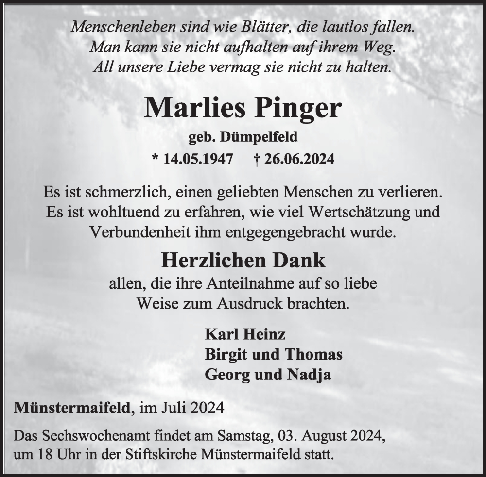  Traueranzeige für Marlies Pinger vom 31.07.2024 aus WochenSpiegel