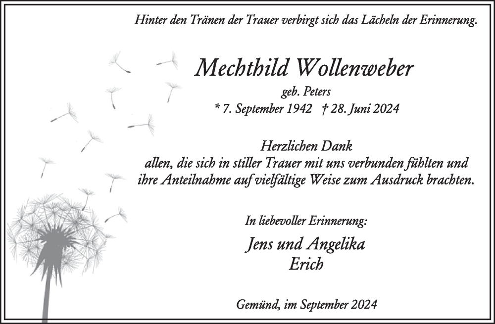  Traueranzeige für Mechthild Wollenweber vom 25.09.2024 aus WochenSpiegel