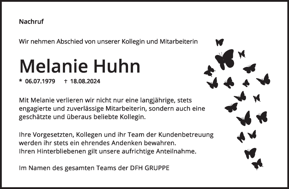 Traueranzeige für Melanie Huhn vom 31.08.2024 aus WochenSpiegel