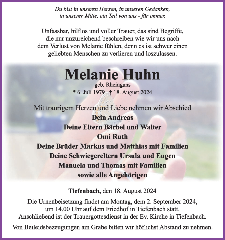  Traueranzeige für Melanie Huhn vom 24.08.2024 aus WochenSpiegel
