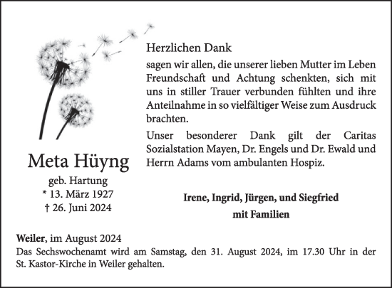 Traueranzeige von Meta Hüyng von WochenSpiegel
