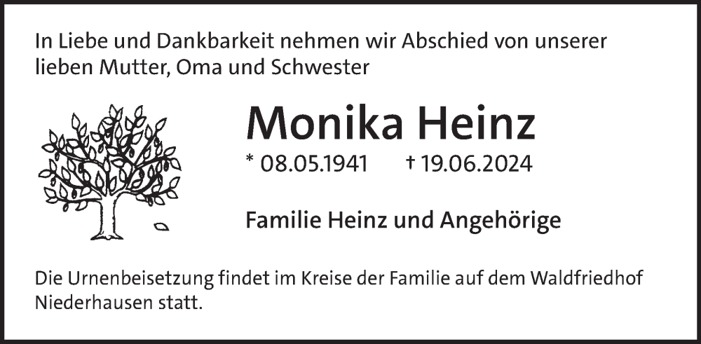  Traueranzeige für Monika Heinz vom 06.07.2024 aus WochenSpiegel