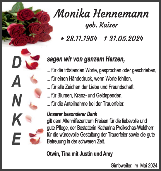Traueranzeige von Monika Hennemann von WochenSpiegel