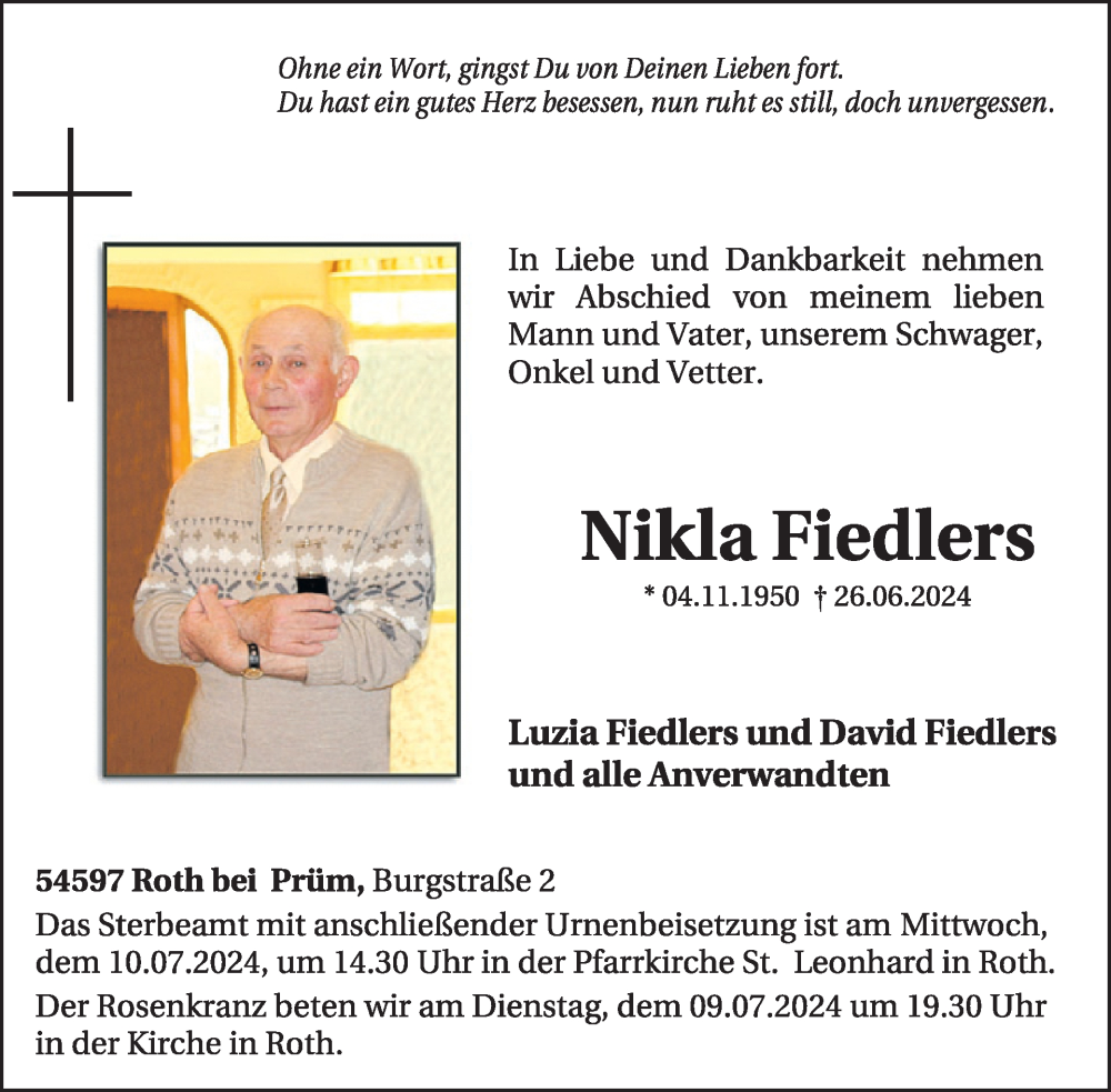  Traueranzeige für Nikla Fiedlers vom 05.07.2024 aus WochenSpiegel