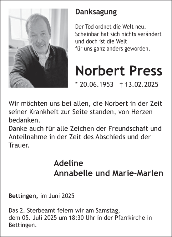 Traueranzeige von Norbert Press von WochenSpiegel