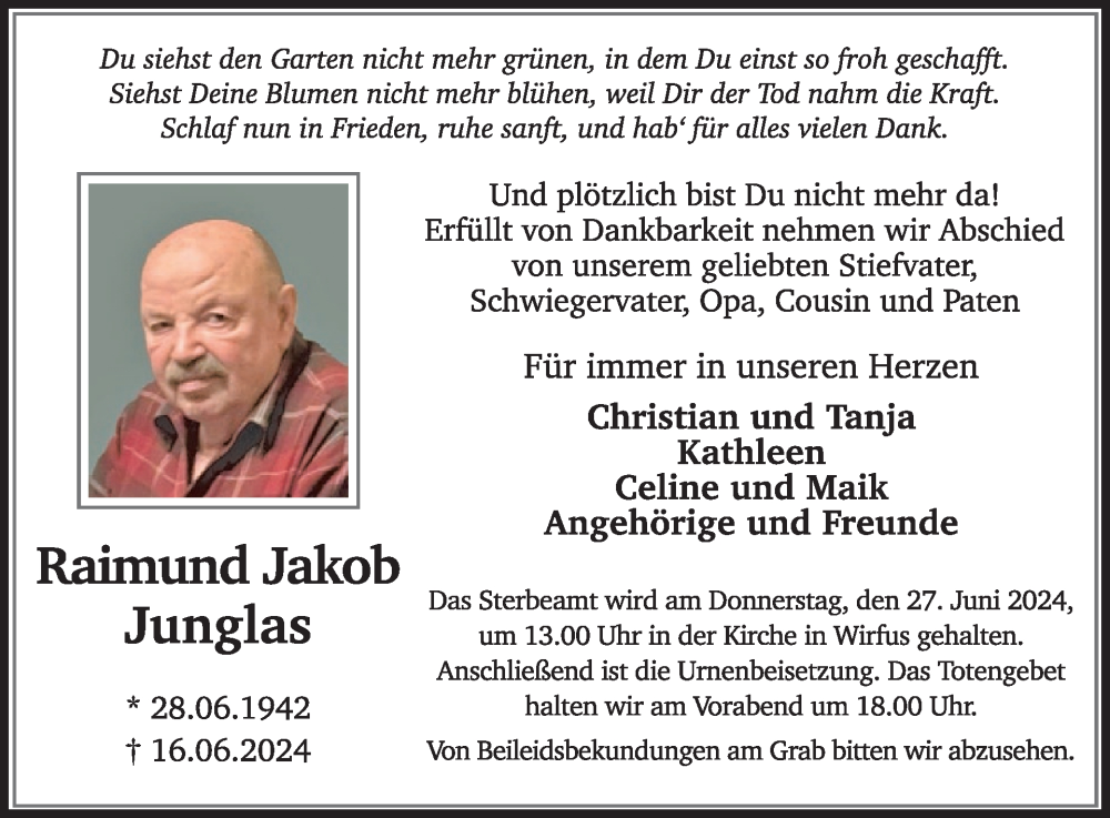  Traueranzeige für Raimund Jakob Junglas vom 26.06.2024 aus WochenSpiegel