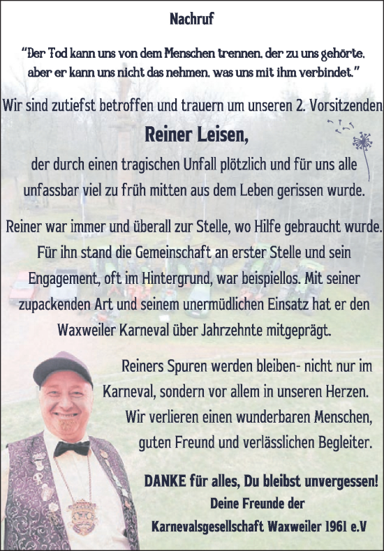 Traueranzeige von Reiner Leisen von WochenSpiegel