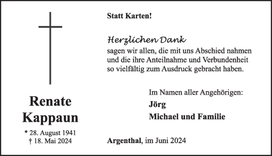 Traueranzeige von Renate Kappaun von WochenSpiegel
