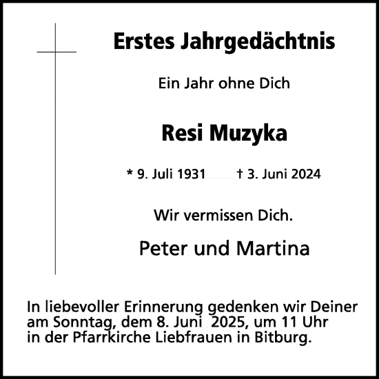 Traueranzeige von Resi Muzyka von WochenSpiegel