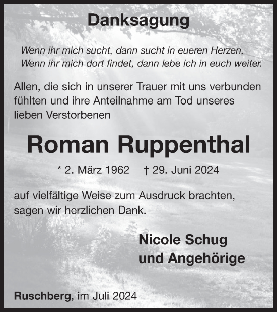 Traueranzeige von Roman Ruppenthal von WochenSpiegel