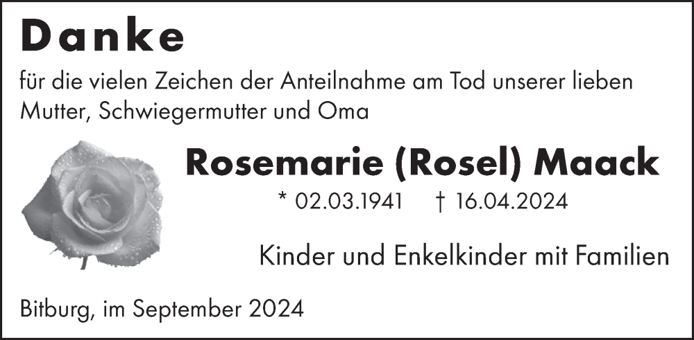  Traueranzeige für Rosemarie Maack vom 27.09.2024 aus WochenSpiegel