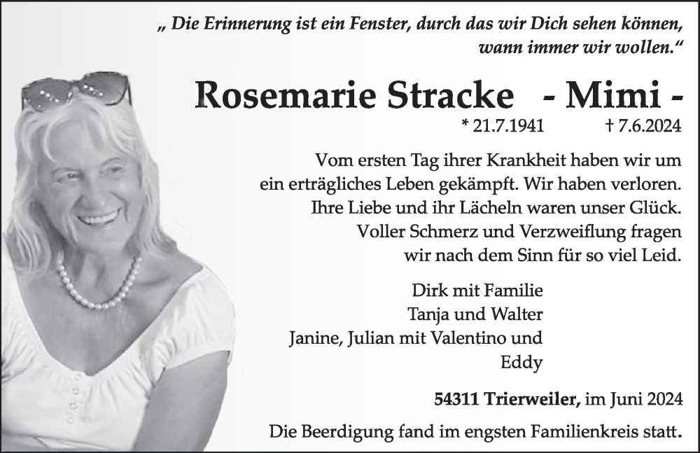  Traueranzeige für Rosemarie Stracke vom 21.06.2024 aus WochenSpiegel