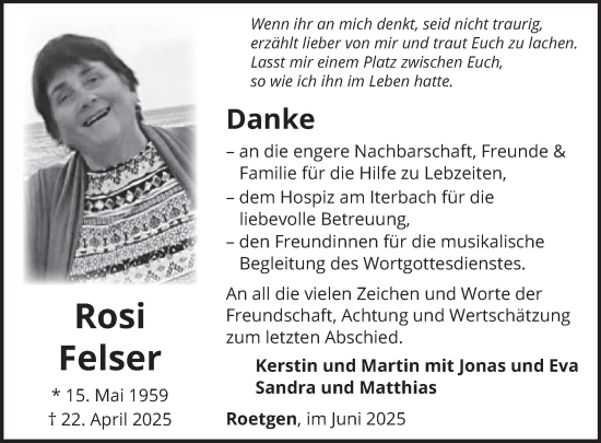 Traueranzeige von Rosi Felser von WochenSpiegel