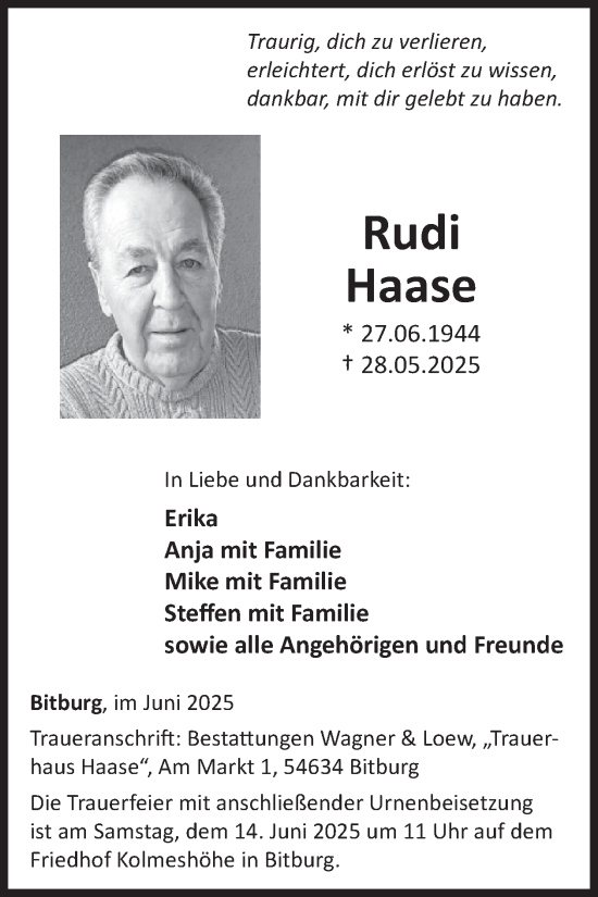 Traueranzeige von Rudi Haase von WochenSpiegel