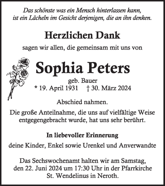 Traueranzeige von Sophia Peters von WochenSpiegel