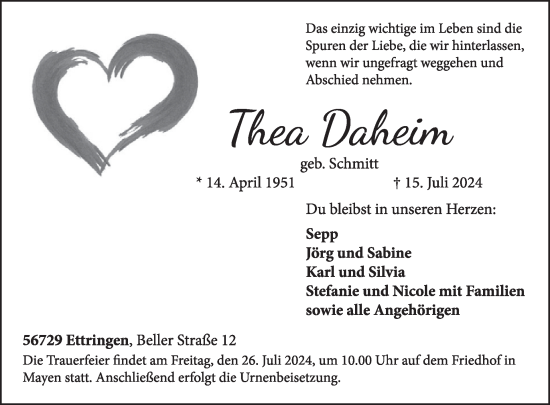 Traueranzeige von Thea Daheim von WochenSpiegel