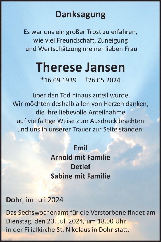 Traueranzeige von Therese Jansen von WochenSpiegel