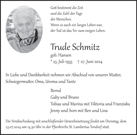 Traueranzeige von Trude Schmitz von WochenSpiegel