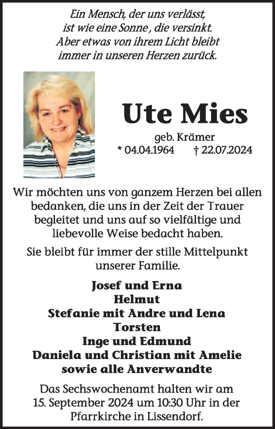 Traueranzeige von Ute Mies von WochenSpiegel