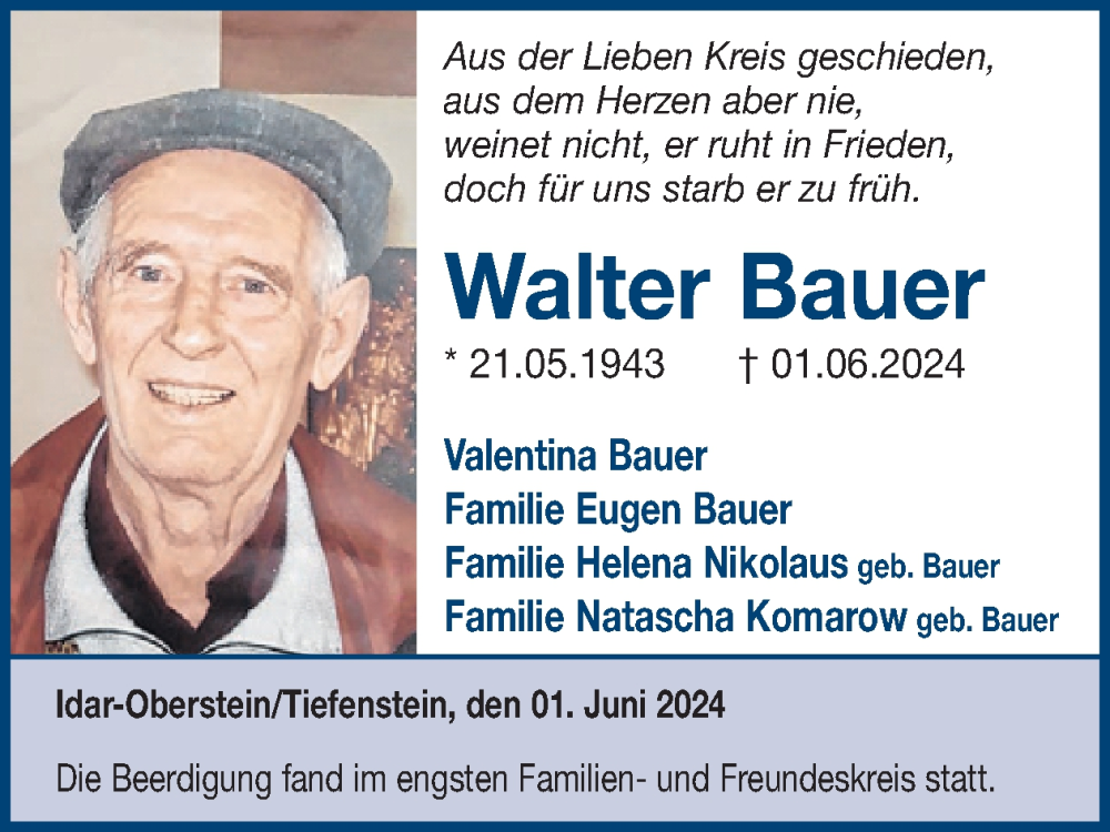  Traueranzeige für Walter Bauer vom 15.06.2024 aus WochenSpiegel