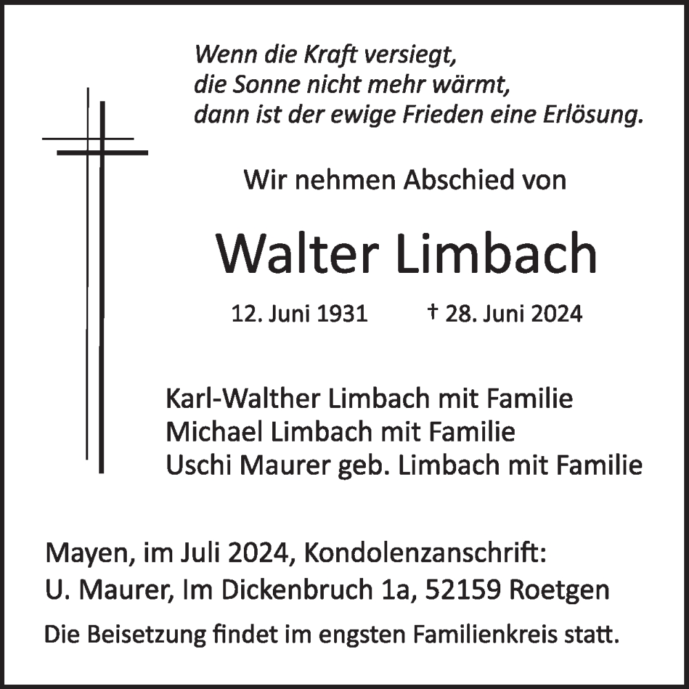  Traueranzeige für Walter Limbach vom 10.07.2024 aus WochenSpiegel