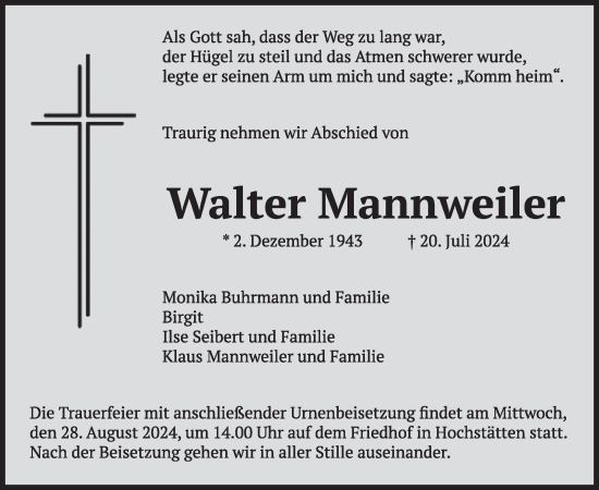Traueranzeige von Walter Mannweiler von WochenSpiegel