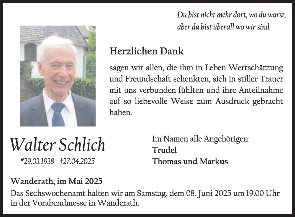  Traueranzeige für Walter Schlich vom 04.06.2025 aus WochenSpiegel