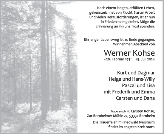Traueranzeige von Werner Kohse von WochenSpiegel