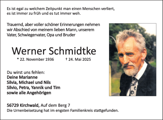 Traueranzeige von Werner Schmidtke von WochenSpiegel