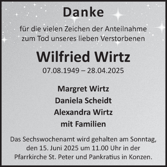 Traueranzeige von Wilfried Wirtz von WochenSpiegel