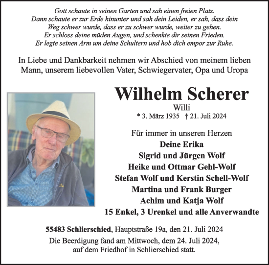 Traueranzeige von Wilhelm Scherer von WochenSpiegel