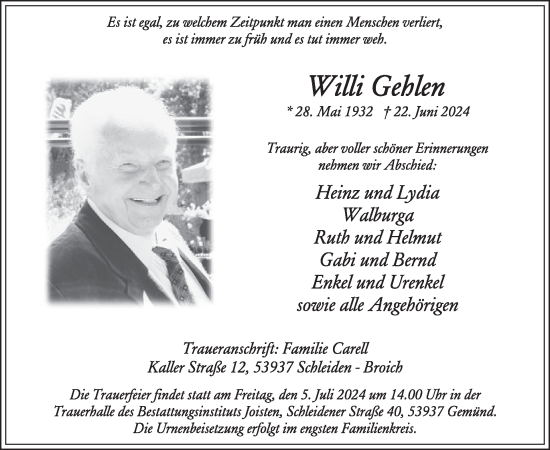 Traueranzeige von Willi Gehlen von WochenSpiegel