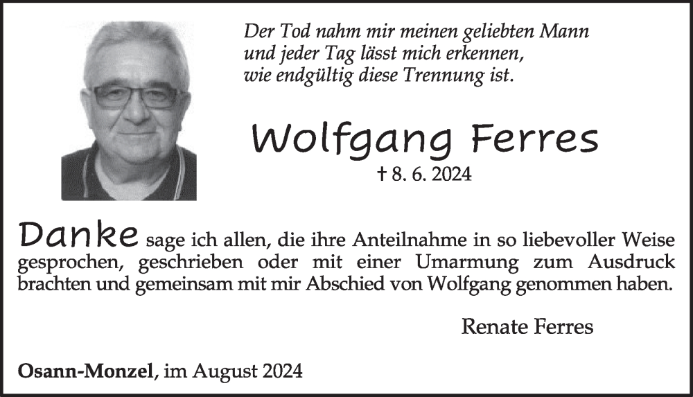  Traueranzeige für Wofgang Ferres vom 16.08.2024 aus WochenSpiegel
