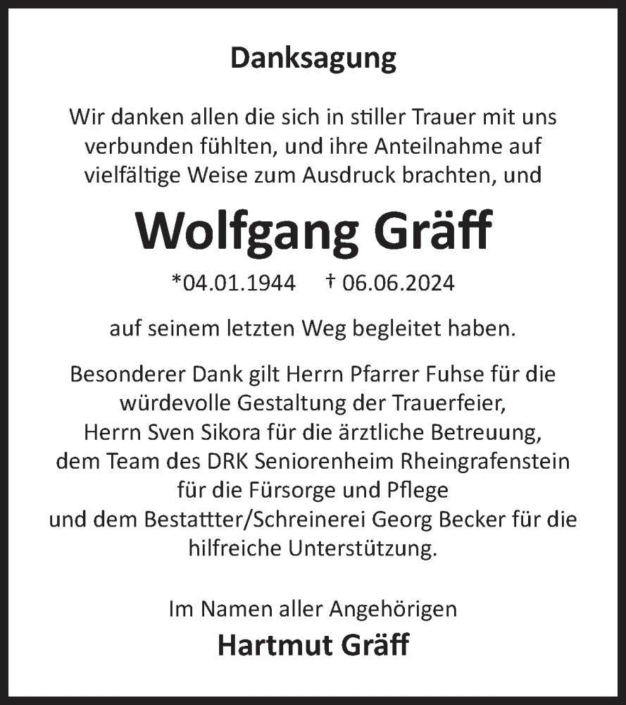  Traueranzeige für Wolfgang Gräff vom 20.07.2024 aus WochenSpiegel