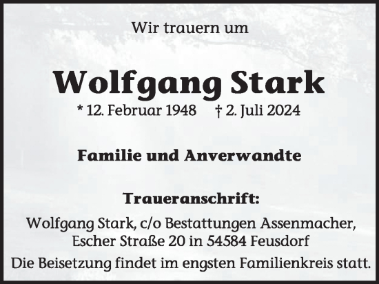 Traueranzeige von Wolfgang Stark von WochenSpiegel