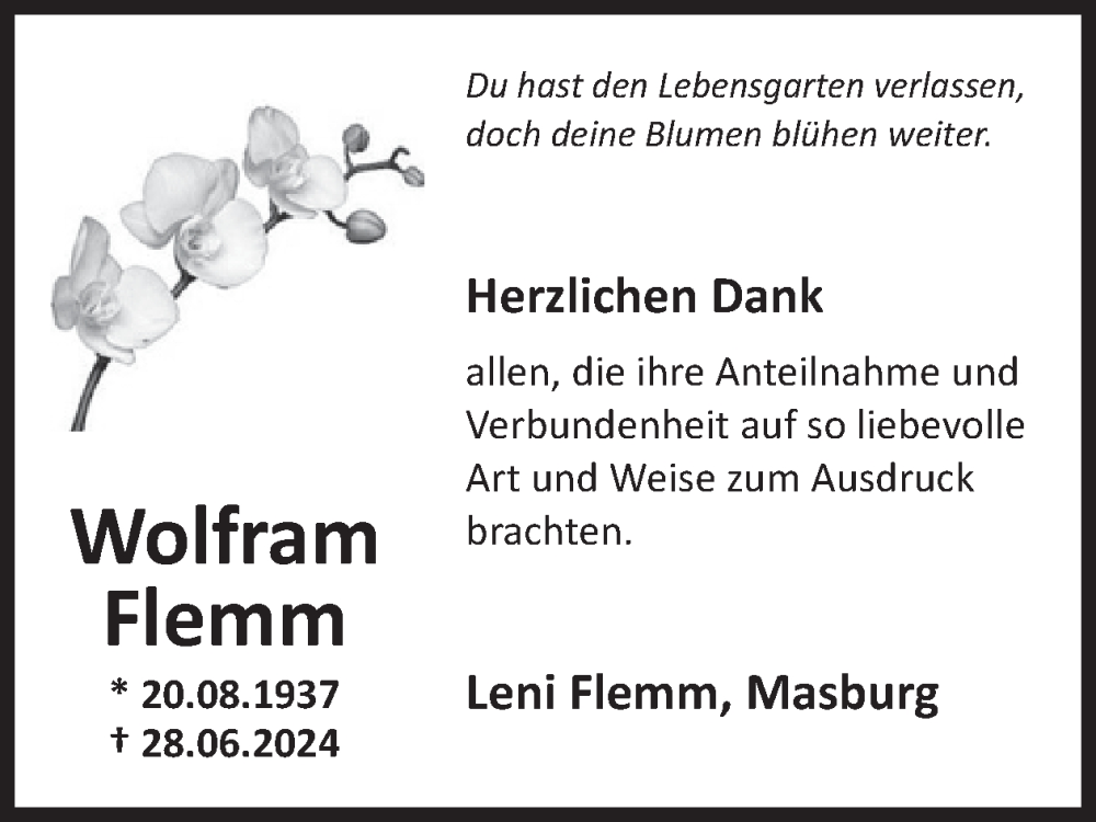  Traueranzeige für Wolfram Flemm vom 14.08.2024 aus WochenSpiegel