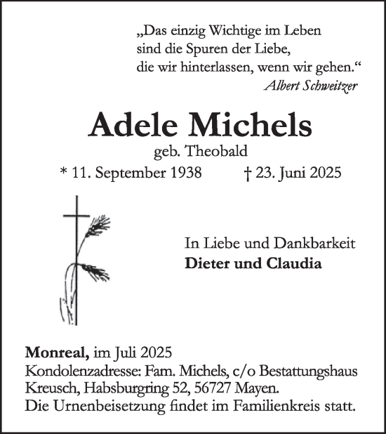 Traueranzeige von Adele Michels von WochenSpiegel