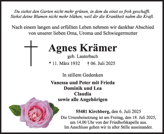 Traueranzeige von Agnes Krämer von WochenSpiegel