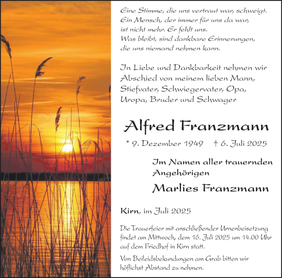 Traueranzeige von Alfred Franzmann von WochenSpiegel