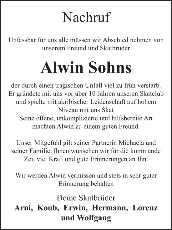 Traueranzeige von Alwin Sohns von WochenSpiegel